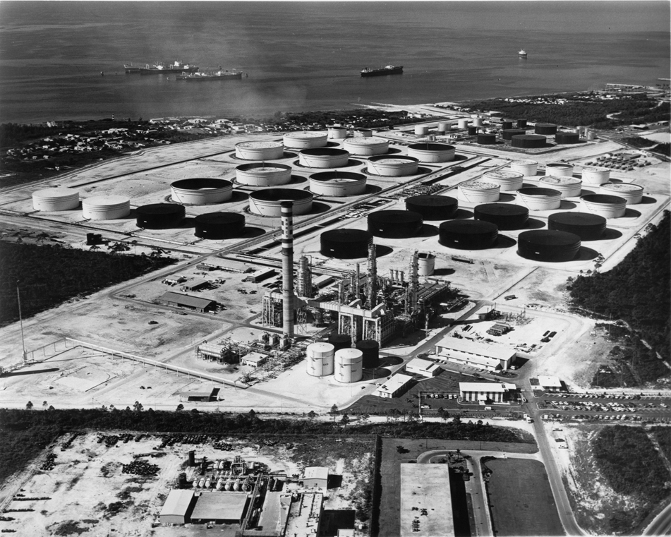 Aerial view of BORCO oil refinery, 1970's